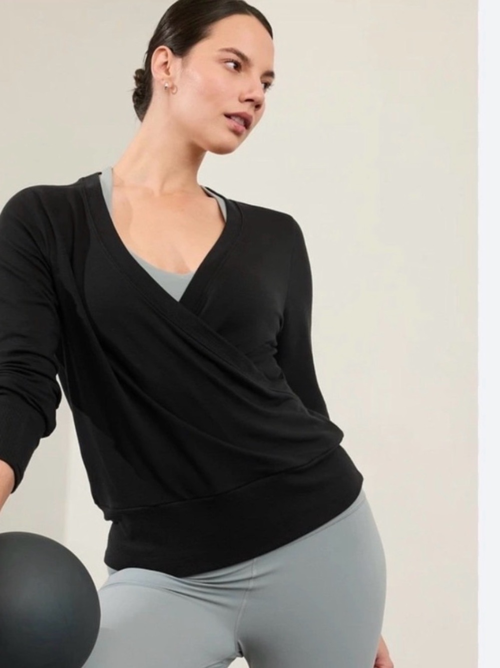 Athleta Women's Black Wrap-Front Active Top with Fleece Interior - M